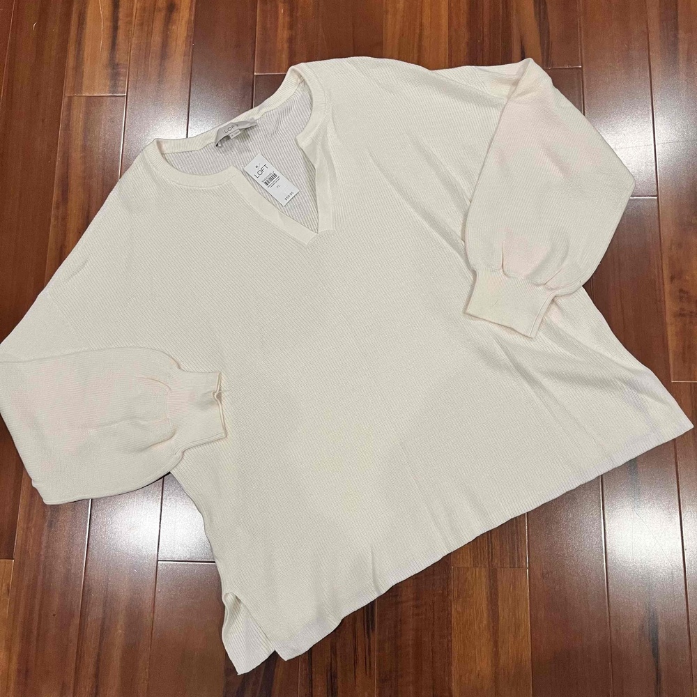 LOFT Cream Sweater Knit Off-White V-Neck Long Sleeve Ribbed Loose Fit New NWT XL